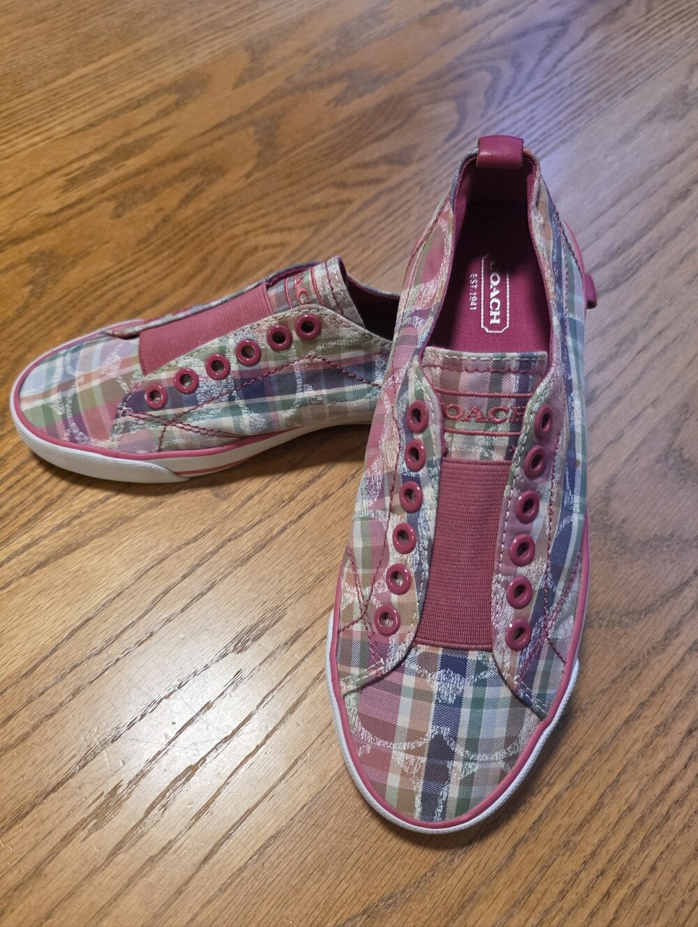 Vintage Y2K Coach Katie Plaid Slip On Sneakers Pink Monogram Womens Size 7.5 B